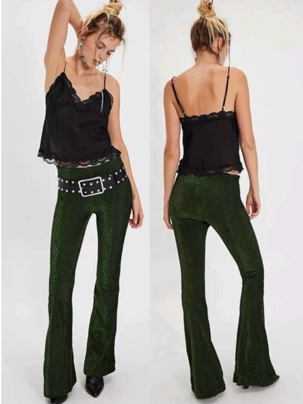 Free People Retro 70s Penny Pull-On Velvet Flare Pants Night Forest Green Large